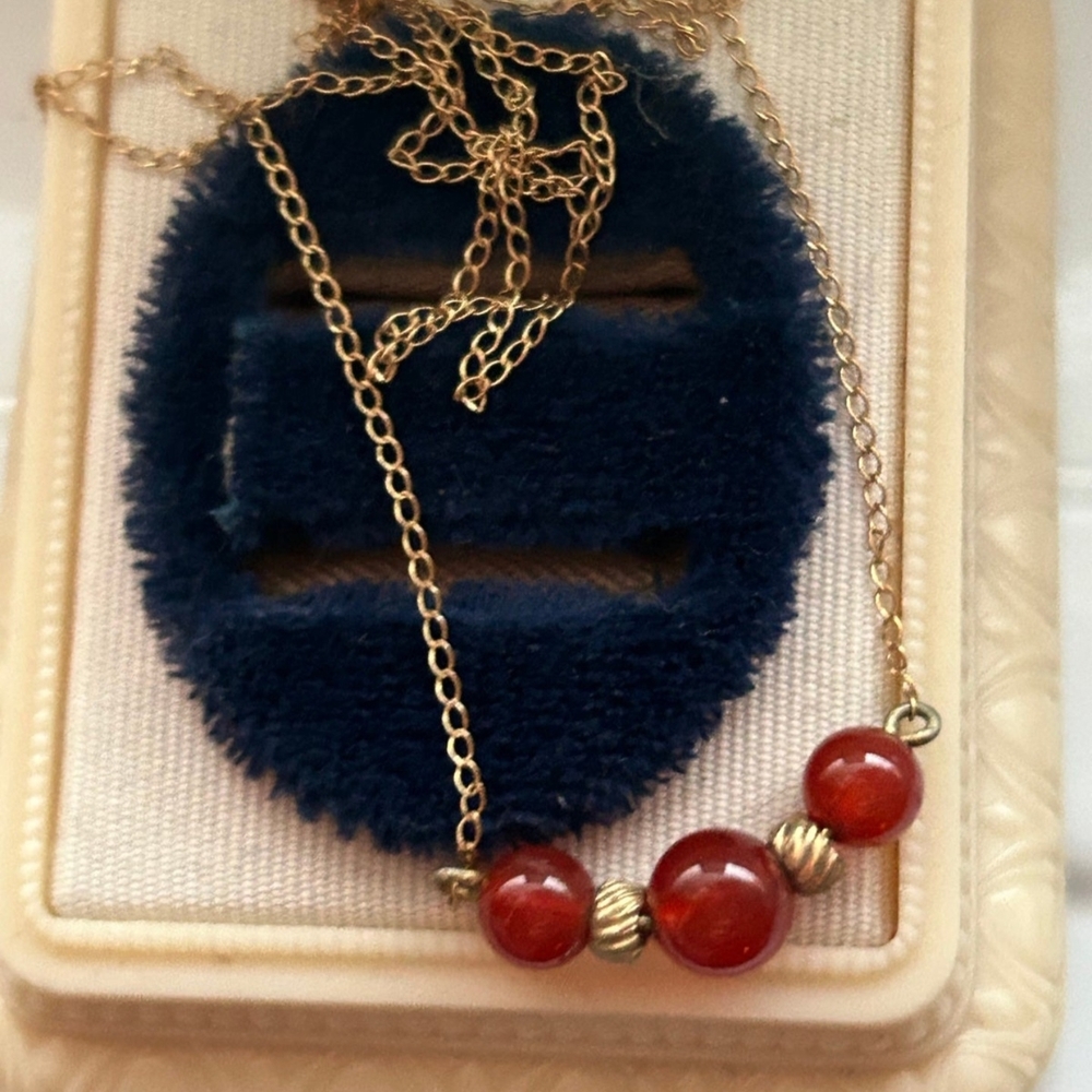 Vintage 14K Solid Gold Chain Necklace with Carnelian and Corrugated Gold Beads